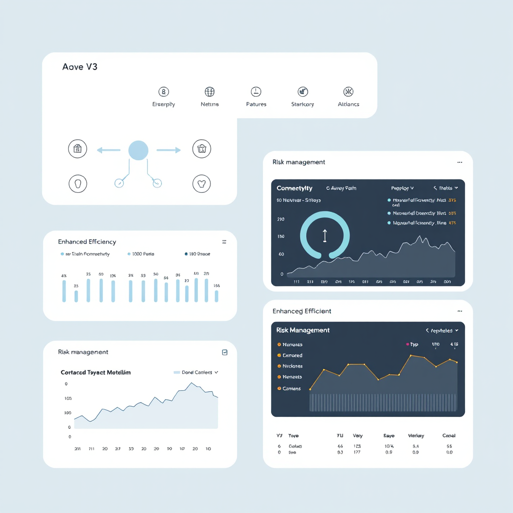 Modern interface mockup showing Aave V3 protocol features with cross-chain connectivity symbols, enhanced efficiency metrics, and risk management dashboards in elegant neutral design